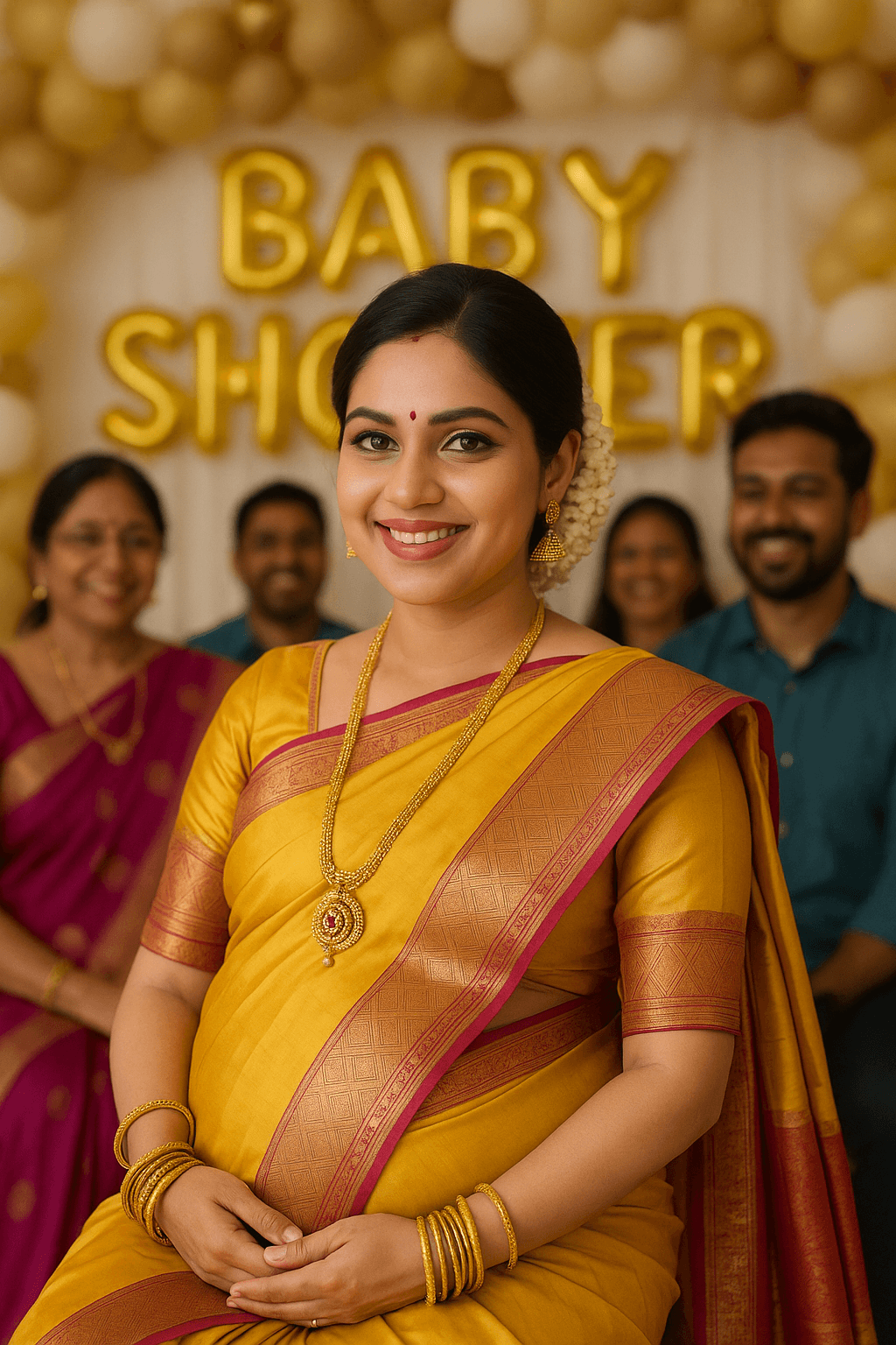 A glowing mother-to-be smiling during her baby shower
